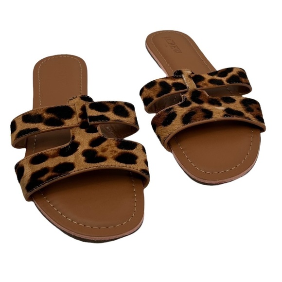 J. Crew Brown Leopard Print Calf Hair Slide Sandals Size 7 Women's - Picture 1 of 9